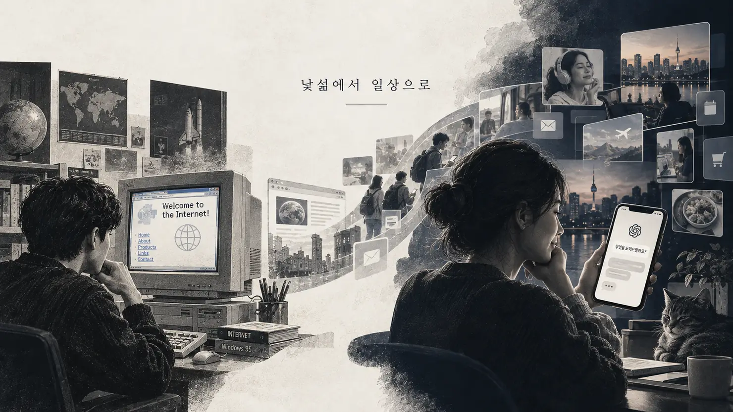 1990년대 초창기 인터넷과 오늘날 AI 대화 기술 사용의 대비를 보여주는 일러스트