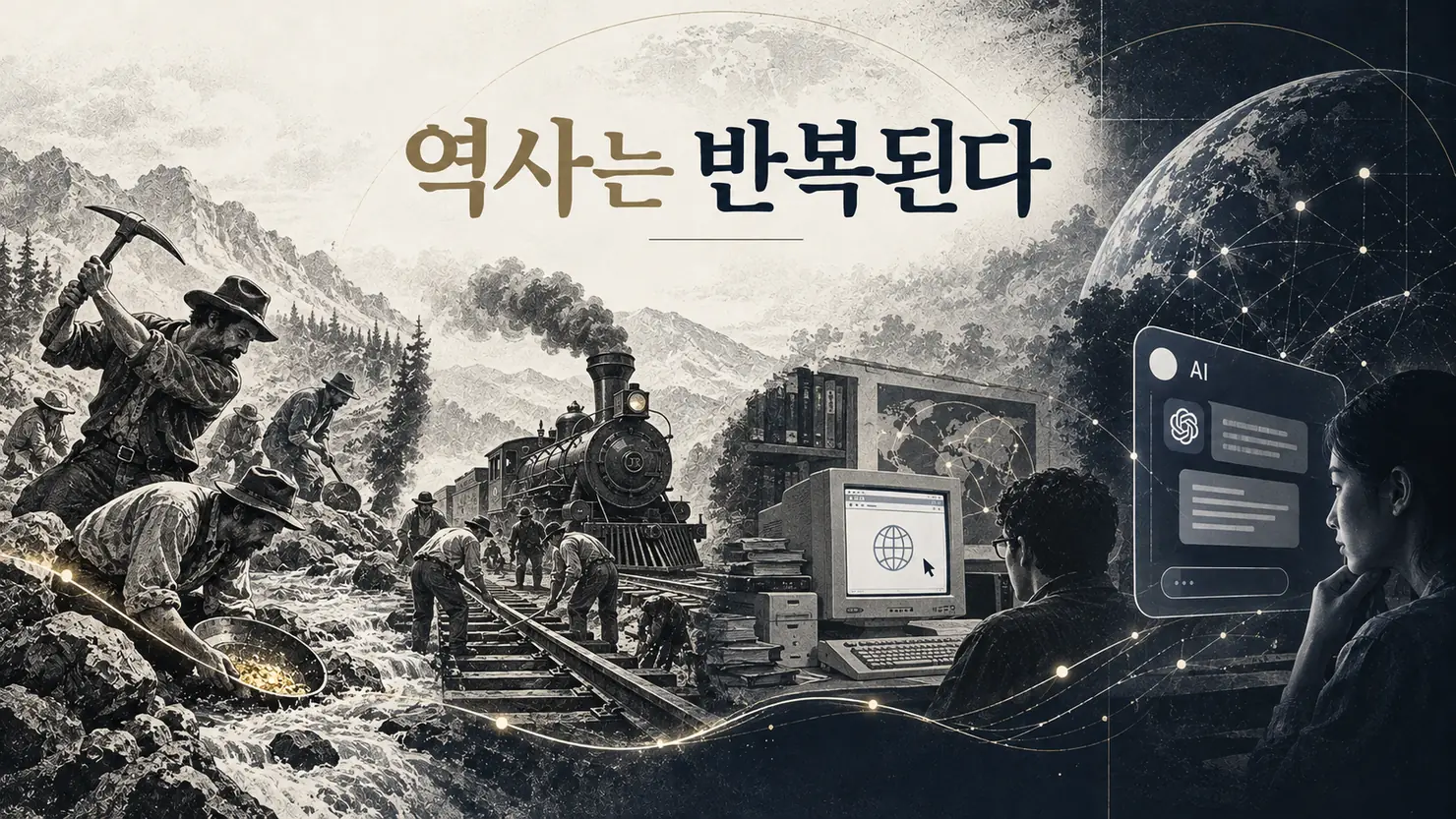 골드러시·철도·인터넷·AI 시대를 나란히 보여주는 역사 비교 일러스트