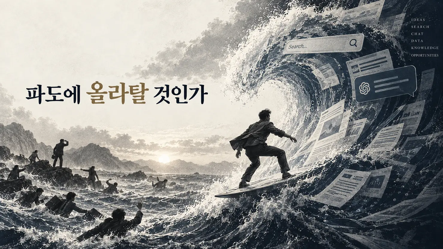 거대한 데이터의 파도를 타는 사람과 새로운 시대를 맞는 사람들을 그린 상징적인 일러스트