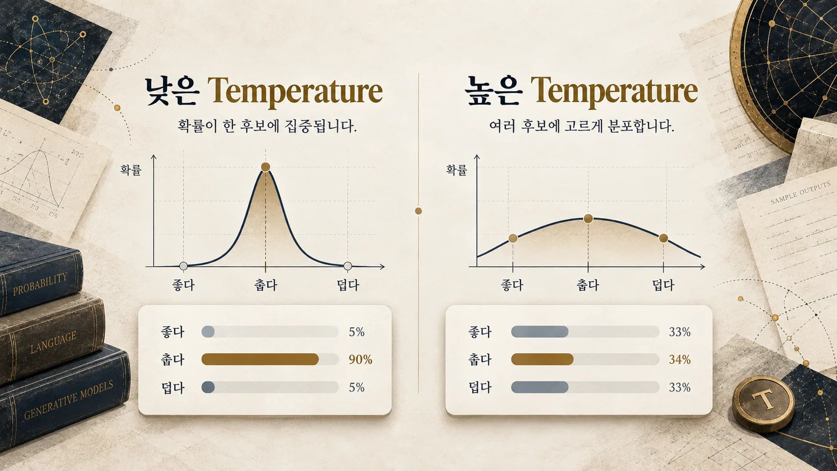 낮은 Temperature와 높은 Temperature에서 후보 확률 분포가 달라지는 비교