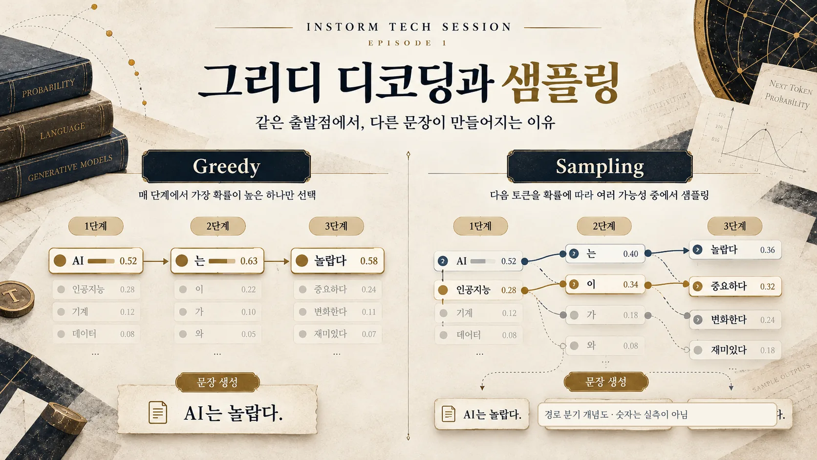Greedy Decoding과 Sampling의 토큰 생성 경로를 비교한 개념도
