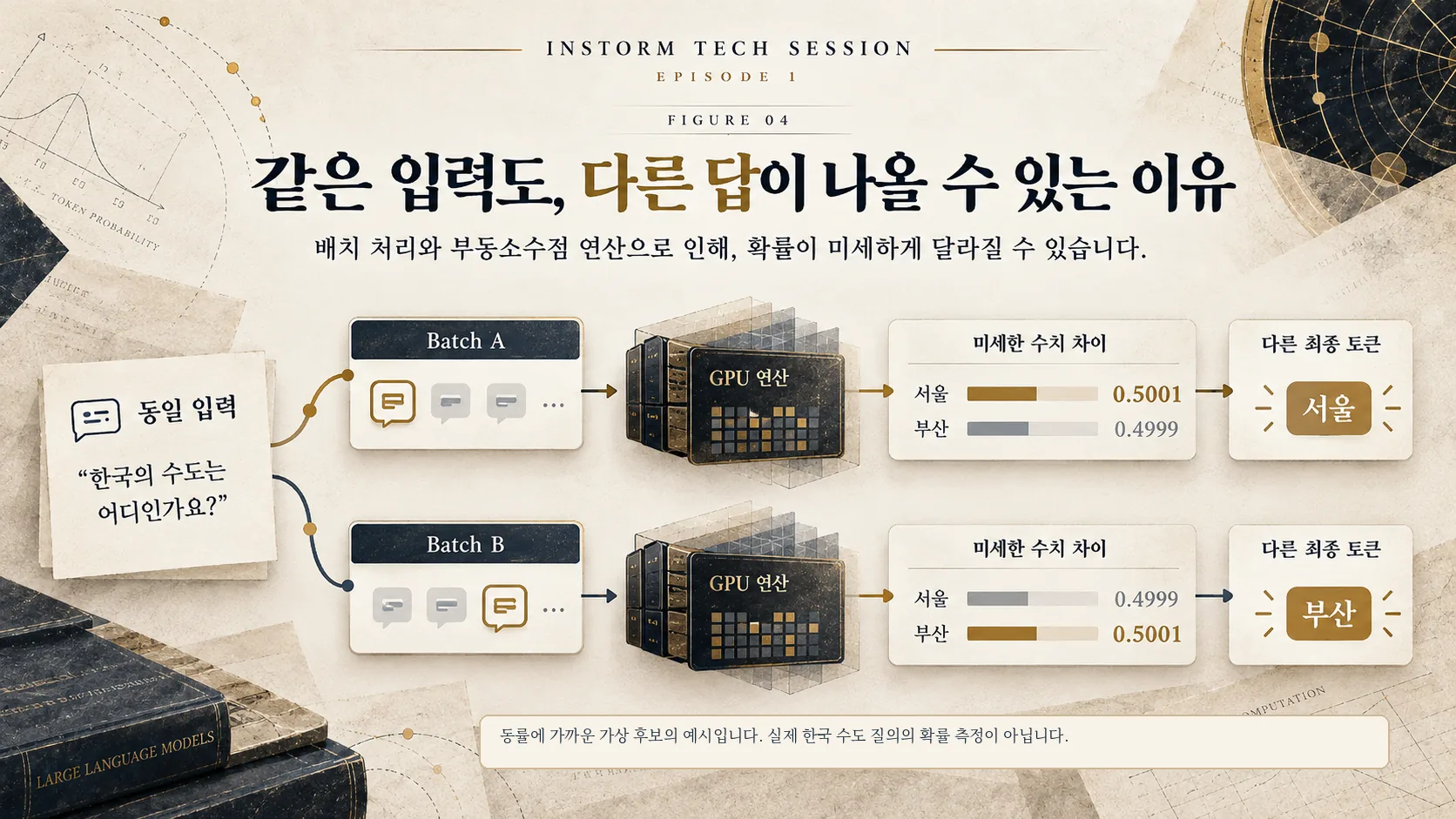 동일 입력을 다른 GPU 배치에서 처리할 때 연산 결과가 달라질 수 있는 개념도