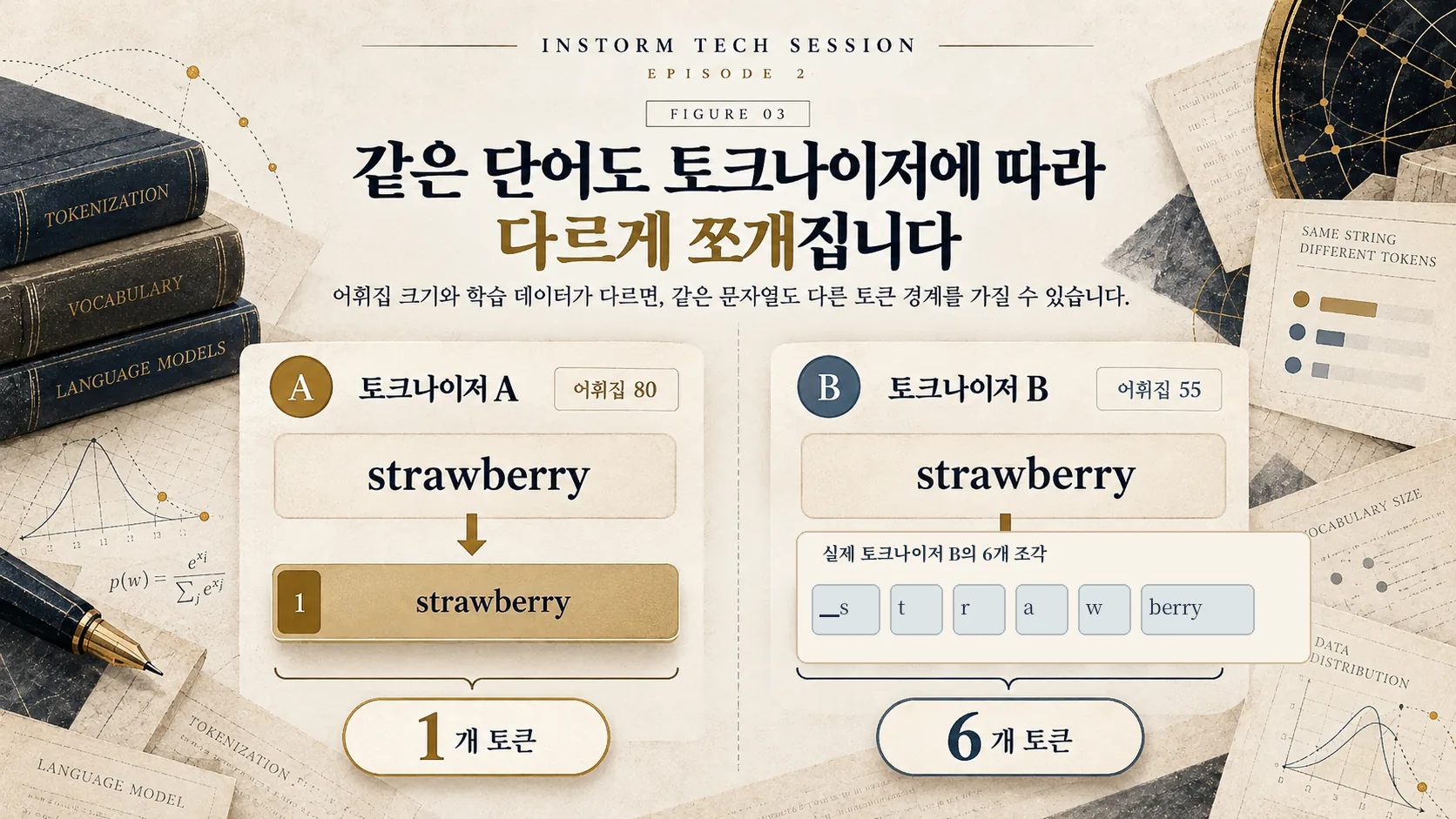 같은 strawberry 단어가 토크나이저에 따라 1토큰 또는 6토큰으로 나뉘는 실험도