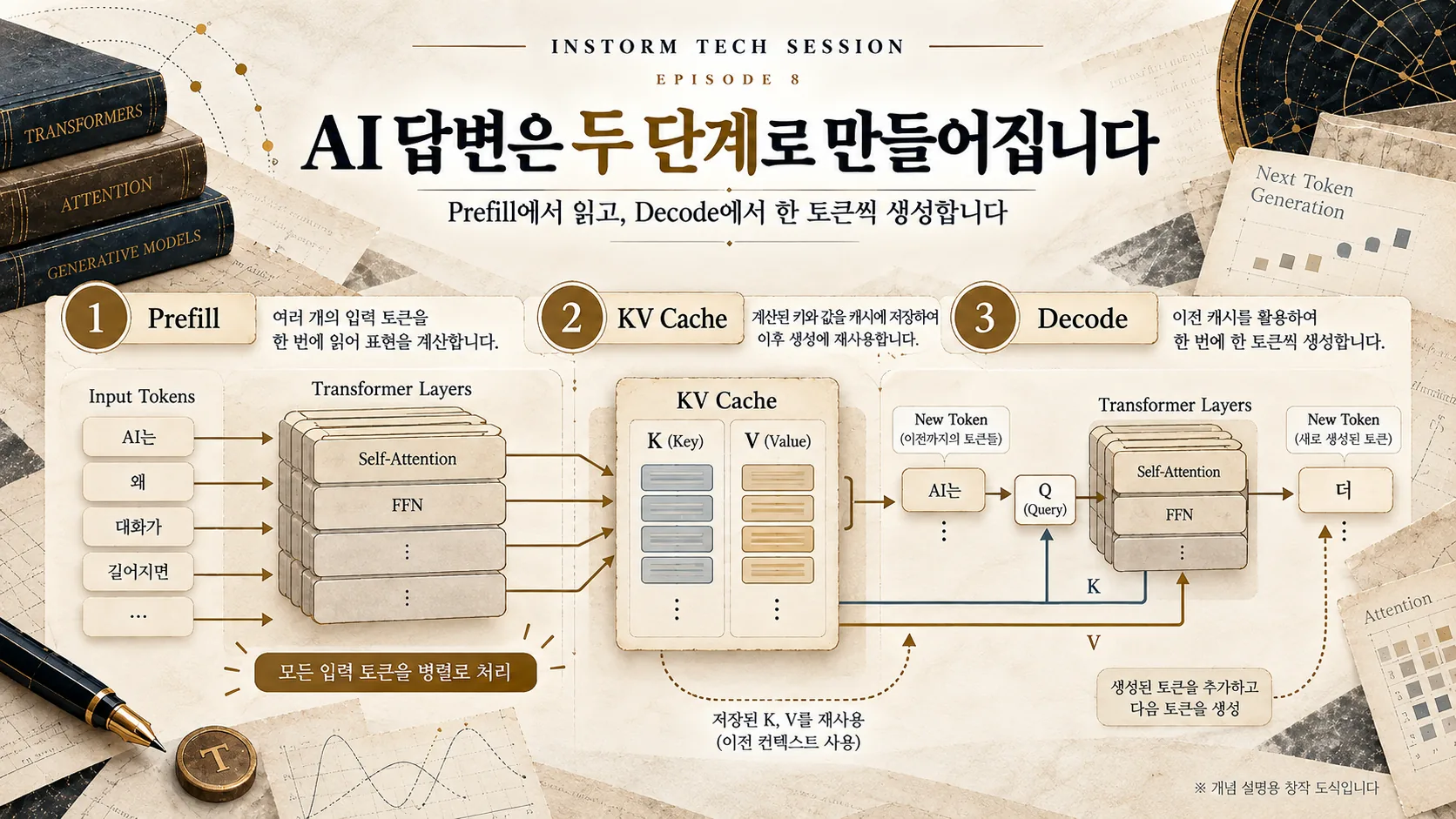 Prefill과 Decode가 모델 입력과 출력 생성에서 어떤 역할을 하는지 비교한 도식