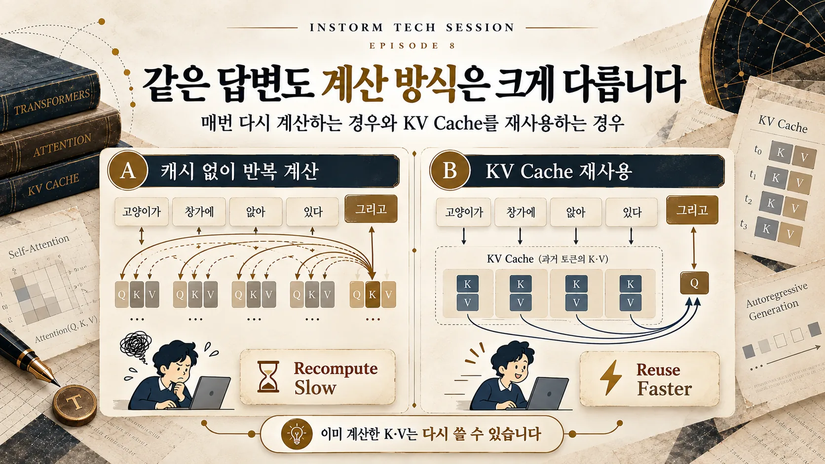 현재 토큰 Q와 이전 토큰 K/V를 저장한 KV Cache의 연산 흐름
