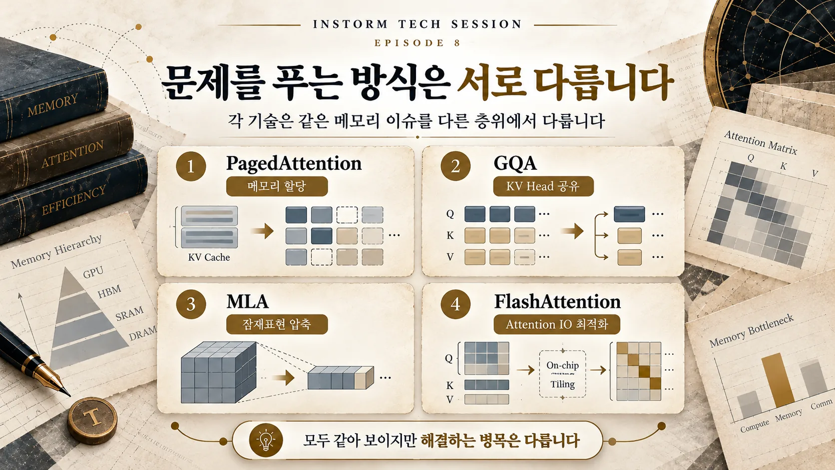 PagedAttention GQA MLA FlashAttention의 최적화 대상 네 가지 비교
